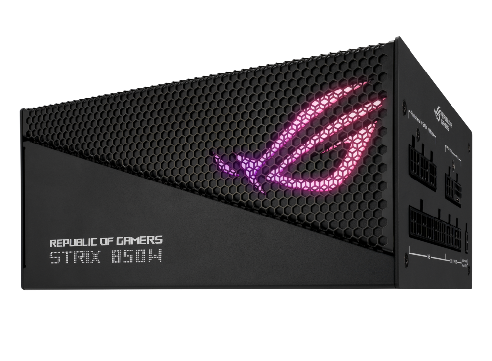 Front-side angle of ROG Strix 850W Gold Aura Edition with light effect