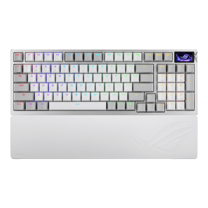 White ROG Azoth 96 HE front view with RGB lighting on