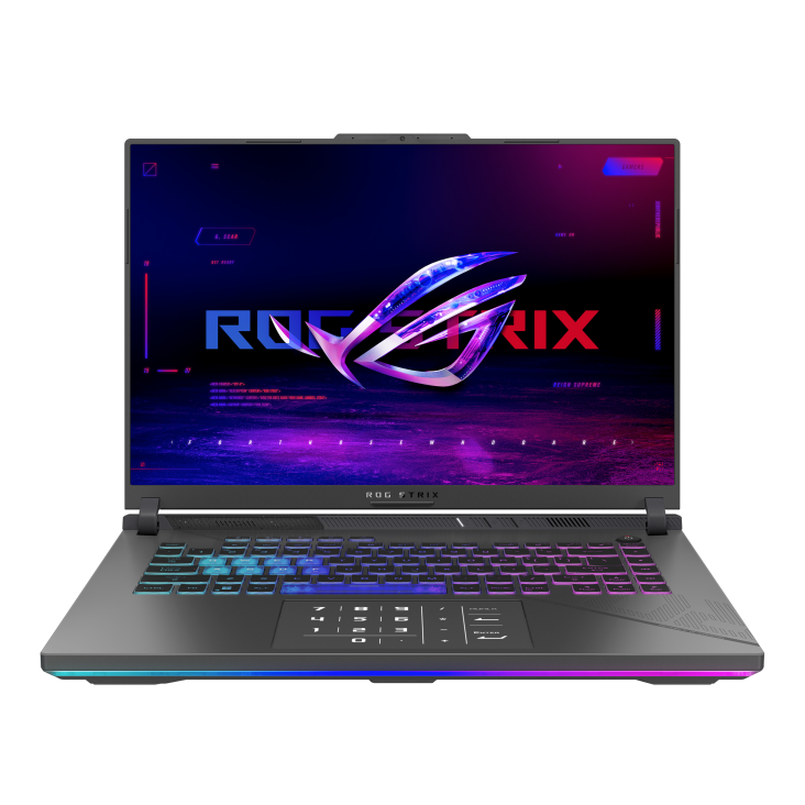 Shot of the Strix G16 with the with the lid open, with the ROG Fearless Eye logo on screen
