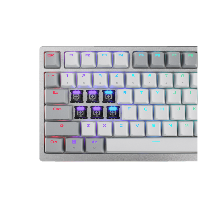 White ROG Azoth 96 HE with keycaps removed and focused on the ROG HFX V2 switches