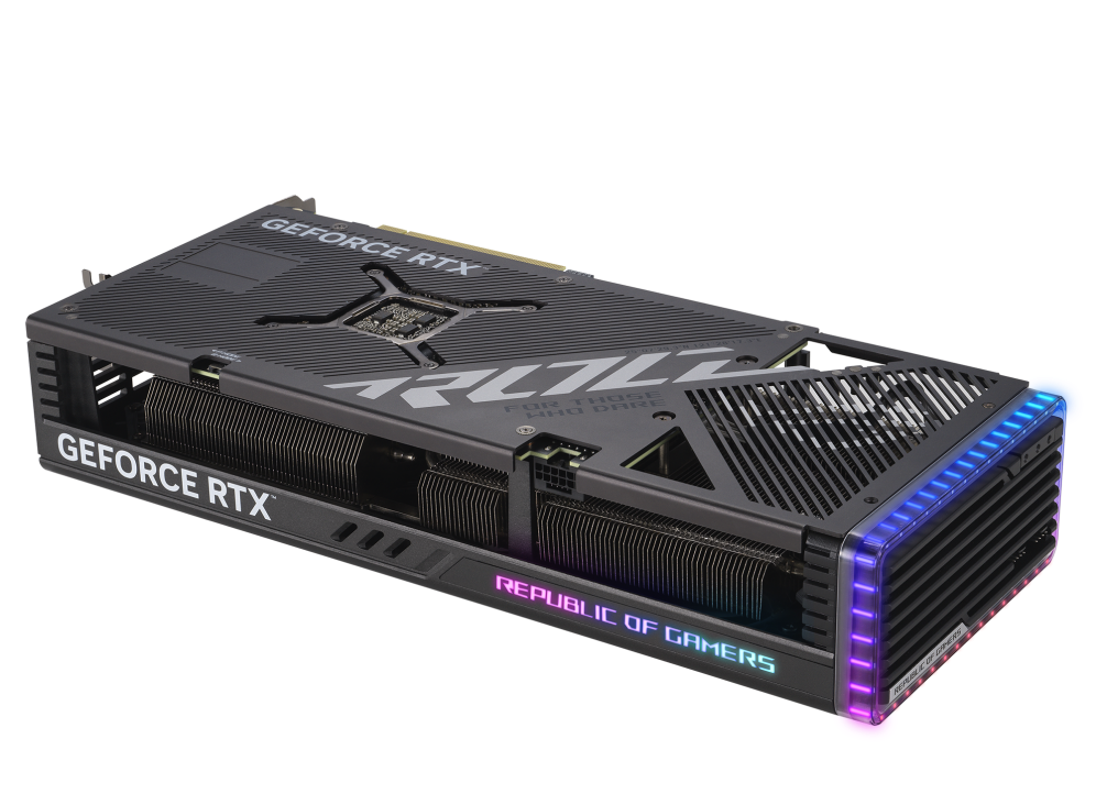 ROG Strix GeForce RTX 4070 graphics card, rear angled view