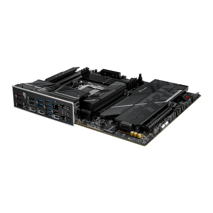 ROG STRIX X870E-H GAMING WIFI7 positioned at low-angle perspective, showcasing its rear I/O ports