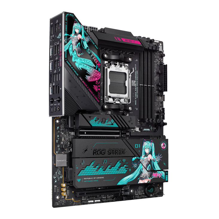 ROG STRIX X870E-H GAMING WIFI7 HATSUNE MIKU EDITION front view, 45 degrees, viewed from left