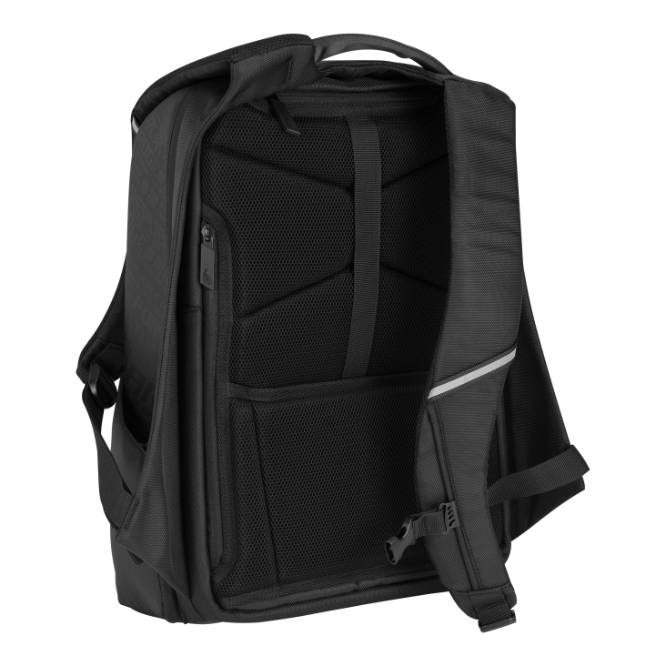 ROG Ranger Gaming Backpack 16_Side view of the backside of the ROG Ranger Gaming Backpack 16 with backrest and reflective straps visible