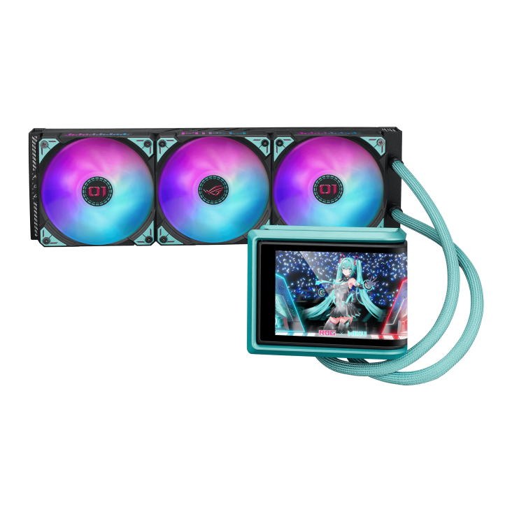 Top view of ROG Ryuo IV 360 ARGB Miku Edition showing the illuminated triple ARGB fans and teal tubing