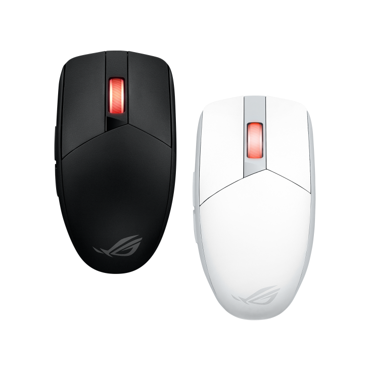 The top view of the ROG Strix Impact III Wireless in both black and moonlight white, placed side by side