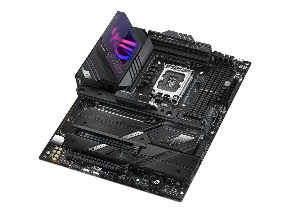 ROG STRIX Z790-E GAMING WIFI top and angled view from right