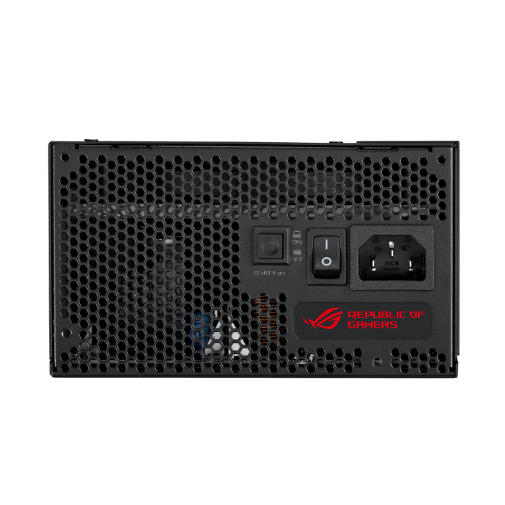 Rear of ROG Strix 750W Gold with power cord connector and ROG-themed cosmetic magnet attached