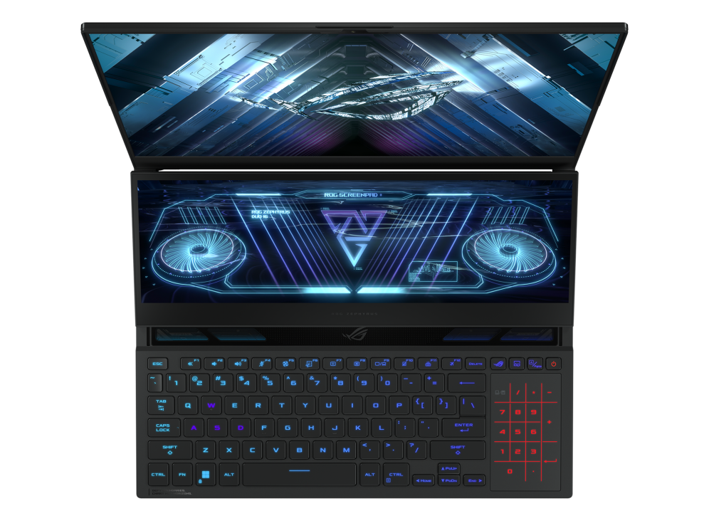 Top down view of the Zephyrus Duo 16, with ROG logo on the main screen and emphasis on the dual screen design.