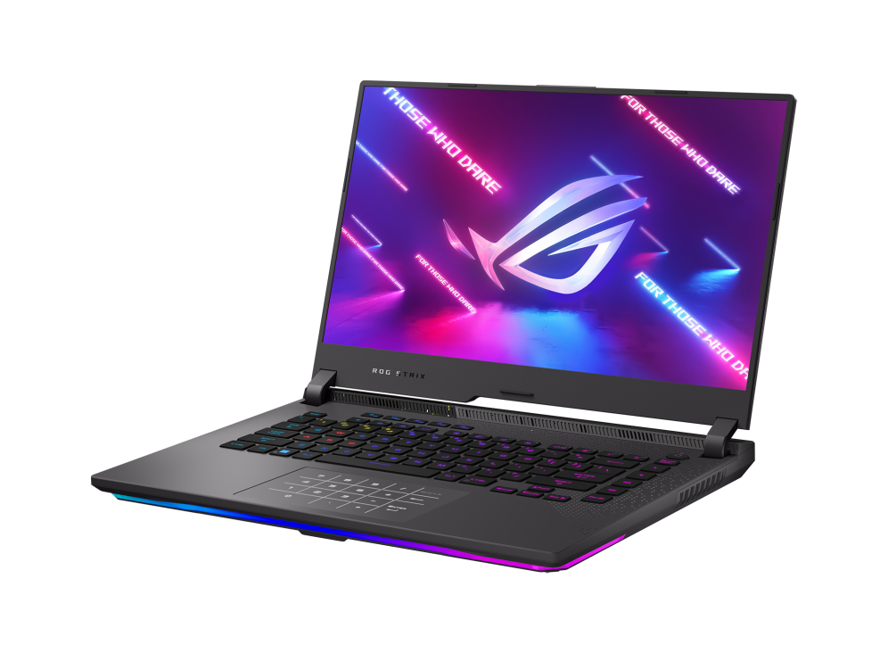 Off center front view of the Strix G15, with ROG logo on screen and RGB illuminated.