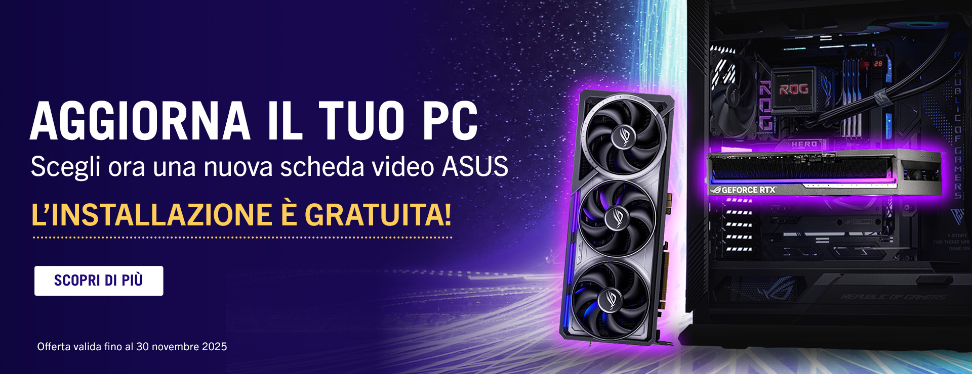 L'immagine riporta un PC da gaming aperto su un lato con evidenziata al suo interno una scheda video illuminata. Davanti un'altra scheda video gaming ASUS ROG Astral anch'essa illuminata e sullo sfondo un immagine dello spazio con fasci di luce colorati.