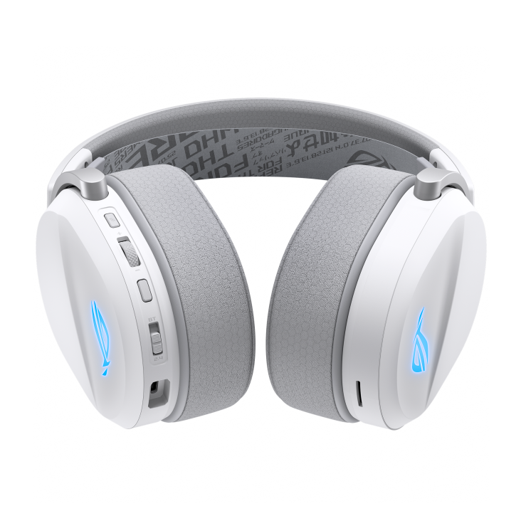 The bottom view of ROG Pelta in Moonlight White edition focusing on buttons on earcups
