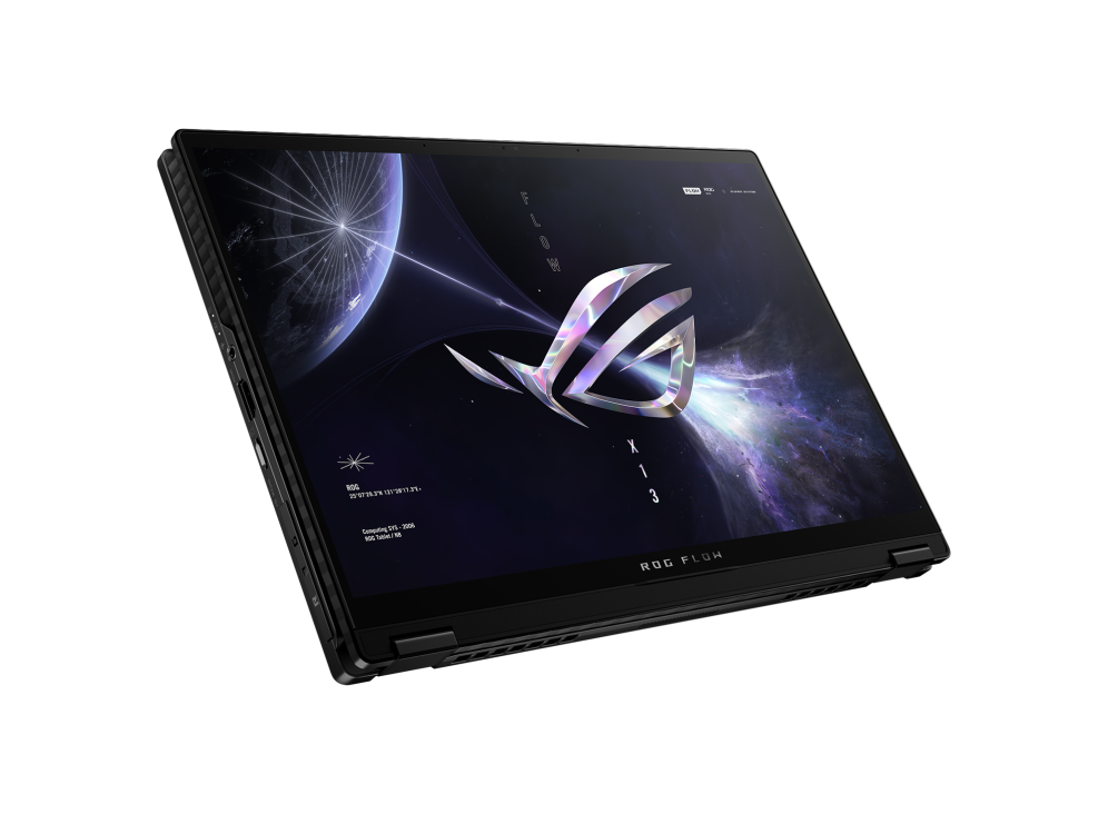 Off center shot of the front of the Flow X13 with the lid open 360 degree in tablet mode and ROG Fearless Eye logo on screen
