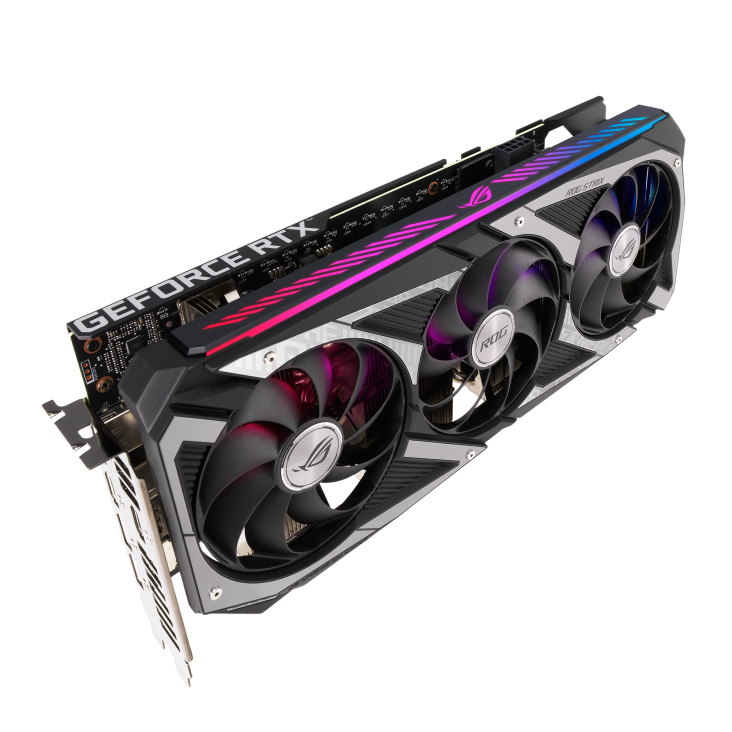 ROG Strix GeForce RTX™ 3050 graphics card, angled top down view, highlighting the fans, ARGB element, and I/O ports
