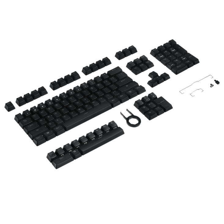 ROG PBT Keycap Set, flat laid with all parts