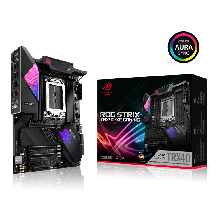 ROG STRIX TRX40-XE GAMING angled view from left with the box and Aura Sync