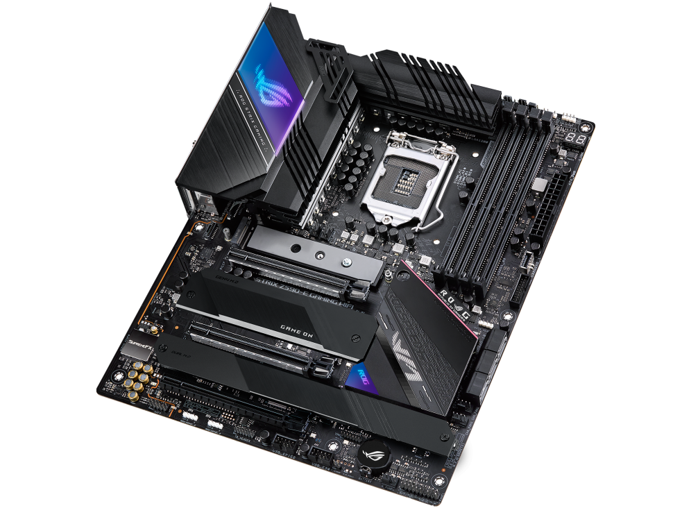 ROG STRIX Z590-E GAMING WIFI top and angled view from right