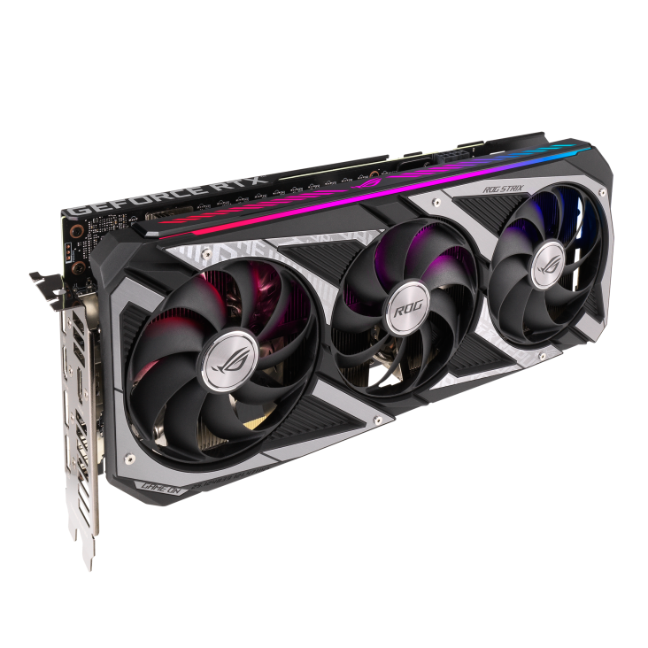 ROG Strix GeForce RTX™ 3050 graphics card, angled top down view, highlighting the fans, ARGB element, and I/O ports