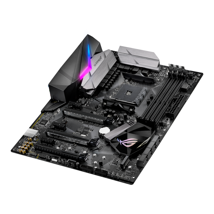 ROG STRIX X370-F GAMING top and angled view from right