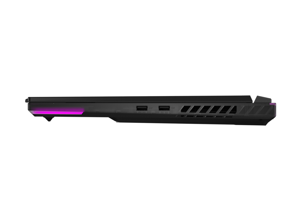 2023 ROG SCAR 18 Profile view of the left side of the Strix SCAR 18, with DC power, HDMI, ethernet, two USB C ports, and a headphone jack visible