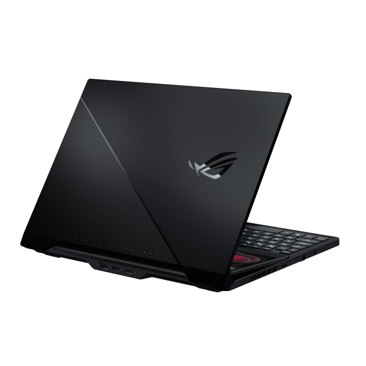 Off-center rear view of the ROG Zephyrus Duo 15 Special Edition with the ROG Fearless Eye logo and slash design.