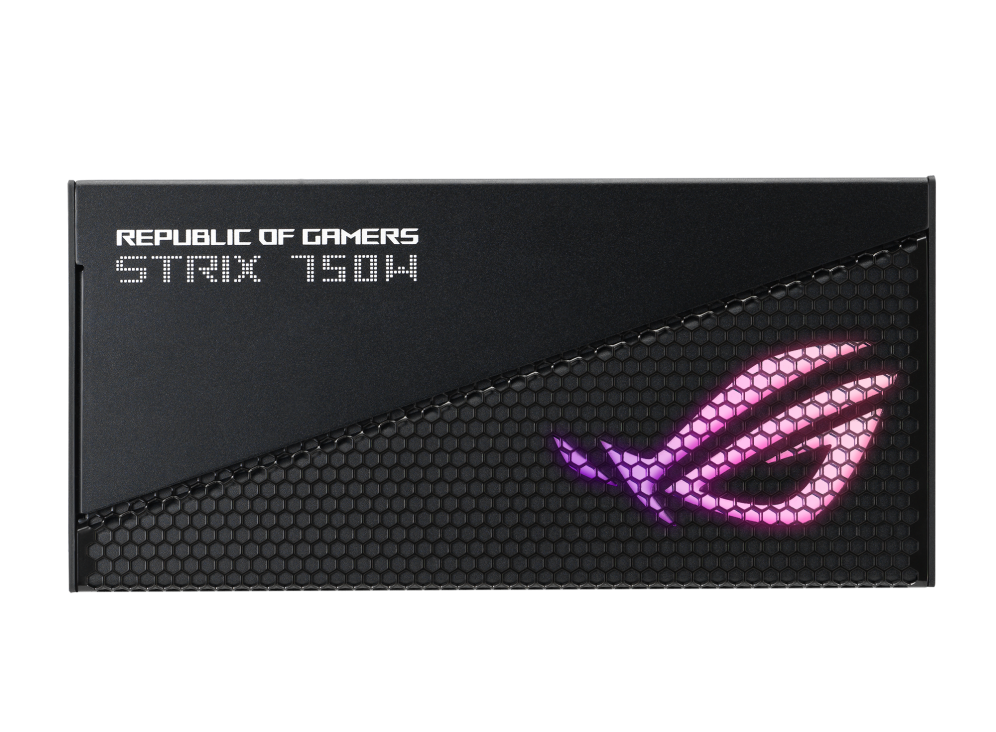 Left Side of ROG Strix 750W Gold Aura Edition with lighting effect