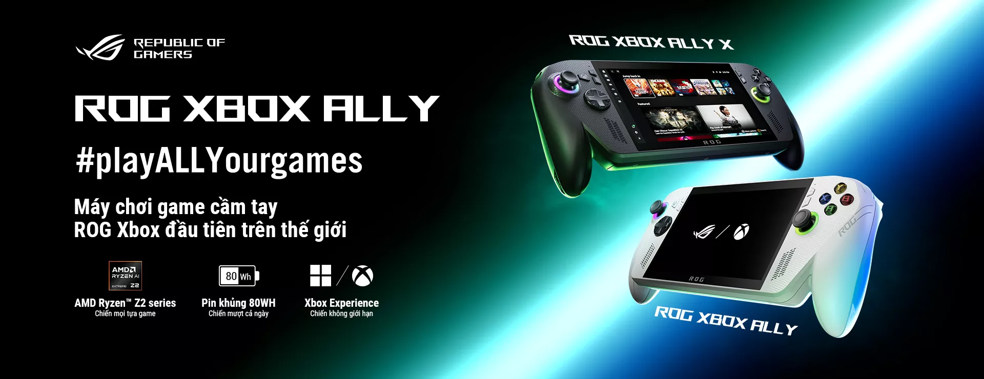 _ROG Ally and ROG Ally Travel Case on the ground with purple background, and the words “ROG Gaming handheld and accessories” captioned underneath it.