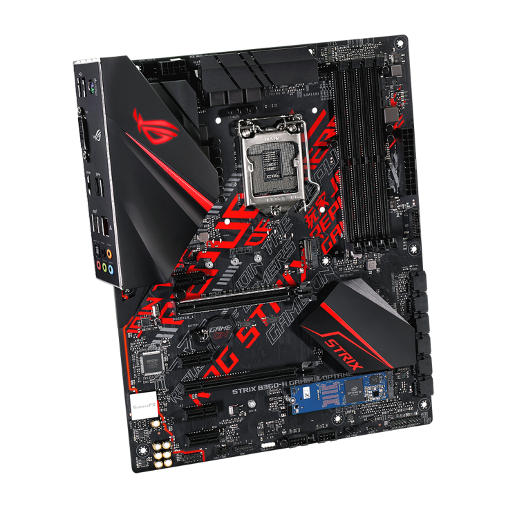 ROG STRIX B360-G GAMING top and angled view from right, with AURA lighting