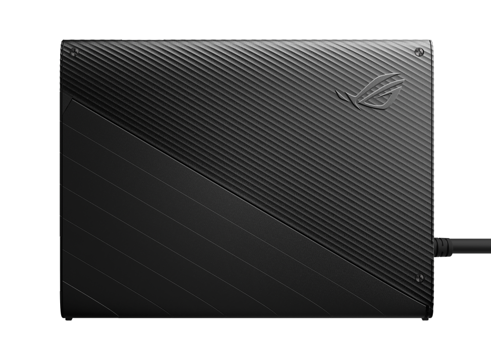 Close-up view of the XG Mobile, with the ROG Fearless Eye logo and gravity wave pattern visible