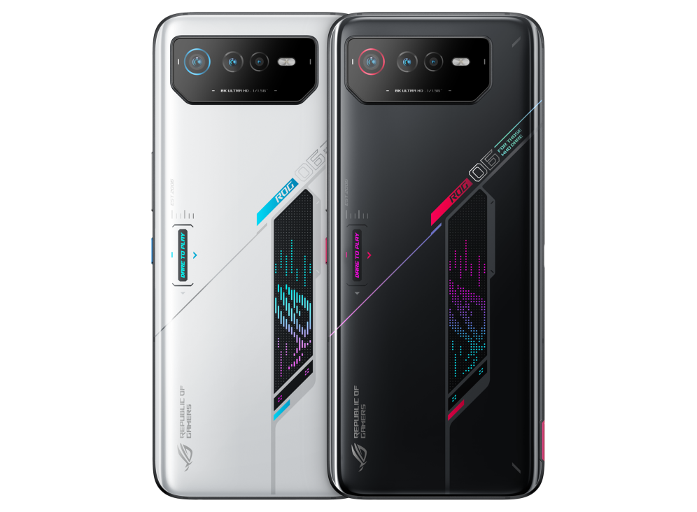 Two ROG Phone 6 in both Phantom Black and Storm White angled view from back slantingly