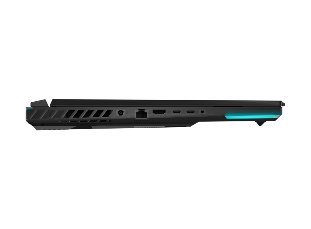 2023 ROG SCAR 18 Profile view of the left side of the Strix SCAR 18, with DC power, HDMI, ethernet, two USB C ports, and a headphone jack visible