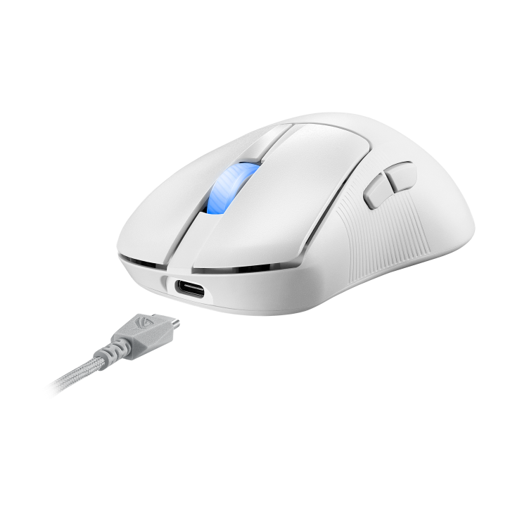 ROG Keris II Ace Moonlight White –  angled side view with USB-c cable