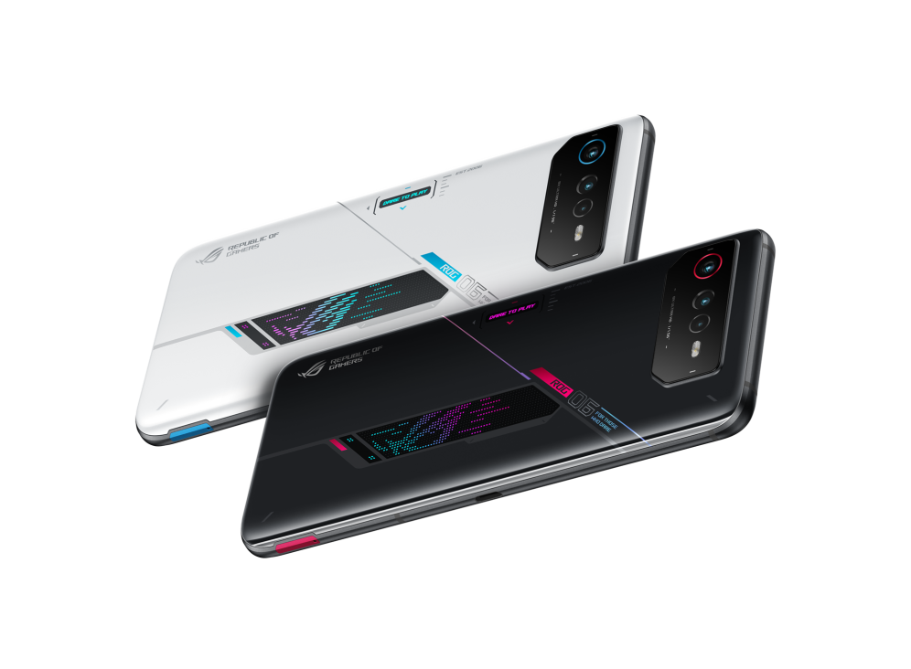Two ROG Phone 6 in both Phantom Black and Storm White angled view from back in landscape orientation