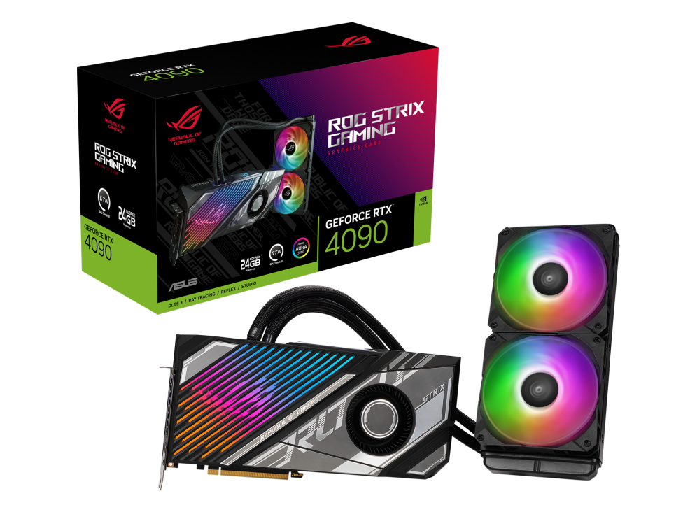 ROG Strix LC GeForce RTX 4090 packaging and graphics card