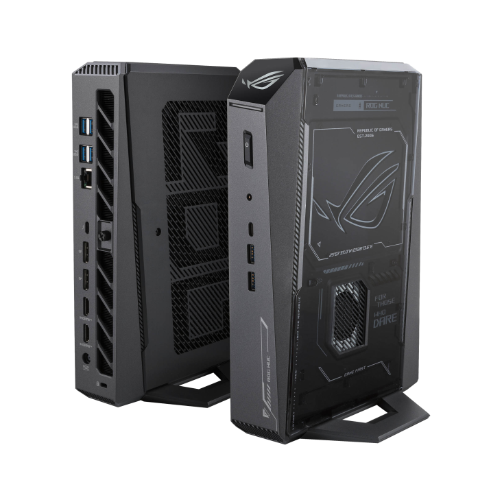 14_ROG NUC 2025, two ROG NUC front one showing front panel back one showing ROG words with power off