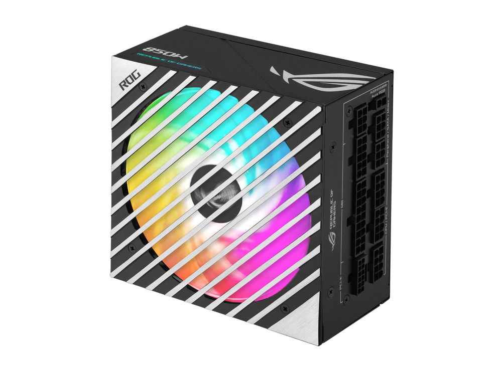 ROG Loki ARGB fan with rainbow lighting effect and connectors