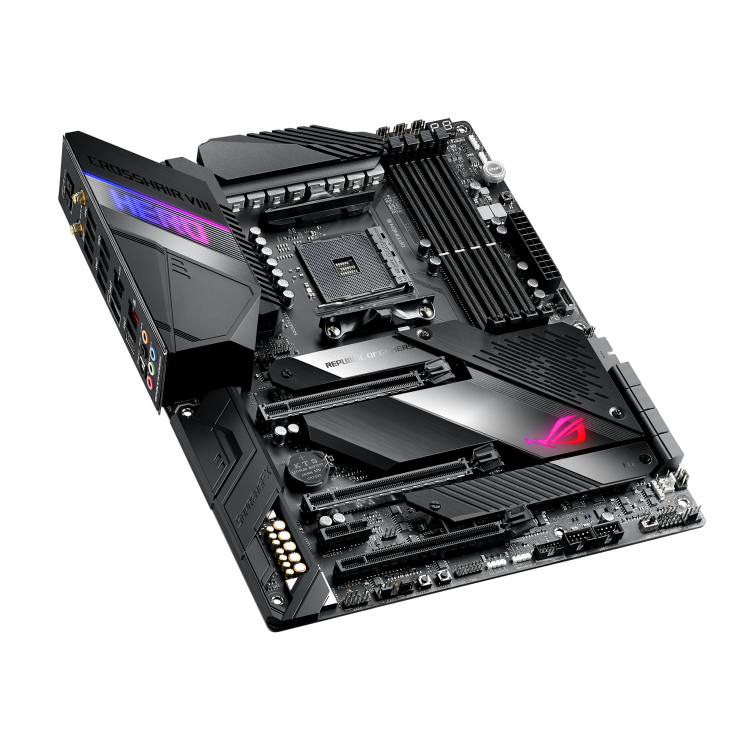 ROG Crosshair VIII Hero (WI-FI) top and angled view from left