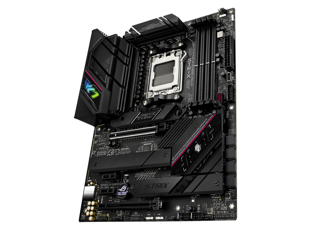 ROG STRIX B650E-F GAMING WIFI angled view from right