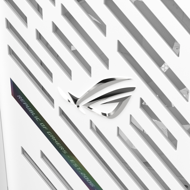 ROG Strix Helios II White focus shot of front panel and 3D Embossed Emblem ROG logo