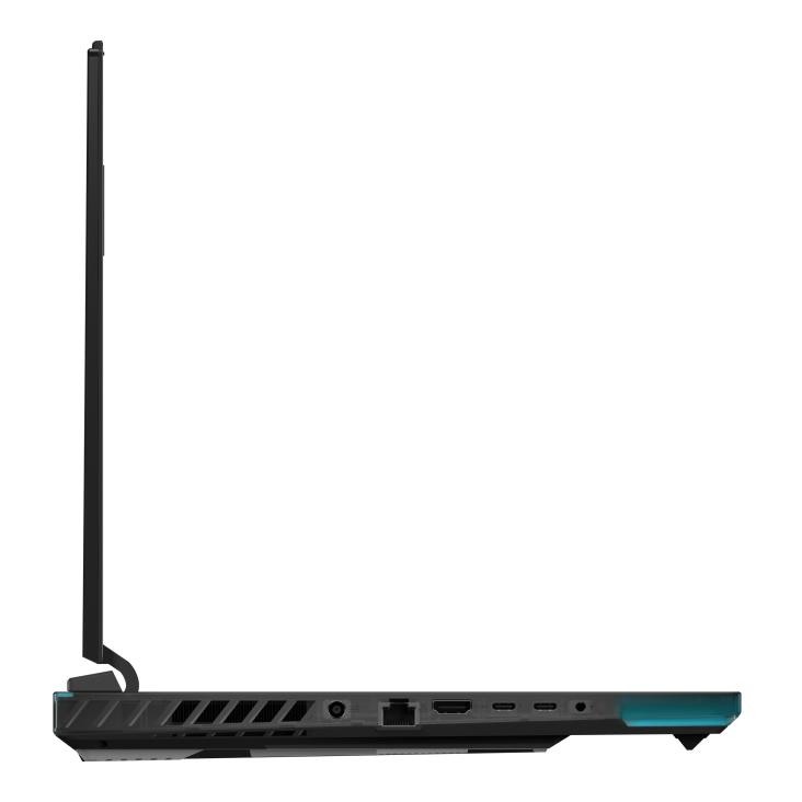 Strix SCAR 16左側的側視圖，可見DC電源、HDMI、以太網、兩個USB C端口和一個耳機插孔
