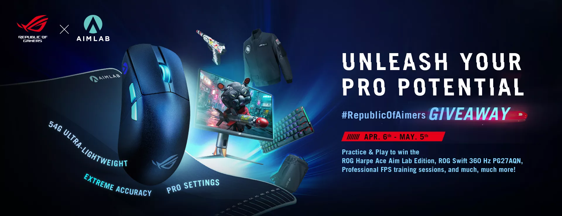 The Republic of Aimers Giveaway Event banner with an array of prizes that players could potentially win if they enter the campaign, which include the ROG Harpe Ace Aim Lab Edition mouse, Training courses from professional coaches at Aim Lab, and a ROG Swift 360 Hz PG27AQN gaming monitor. Click on the banner, and visit the campaign site to learn more!