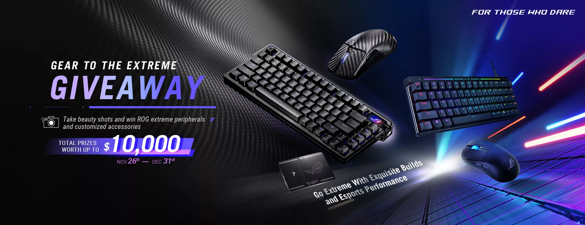 Gear to the Extreme Giveaway event banner showcasing a variety of prizes such as gaming mouse, gaming keyboards, and accessories. Event starts at November 18th till December 31st.