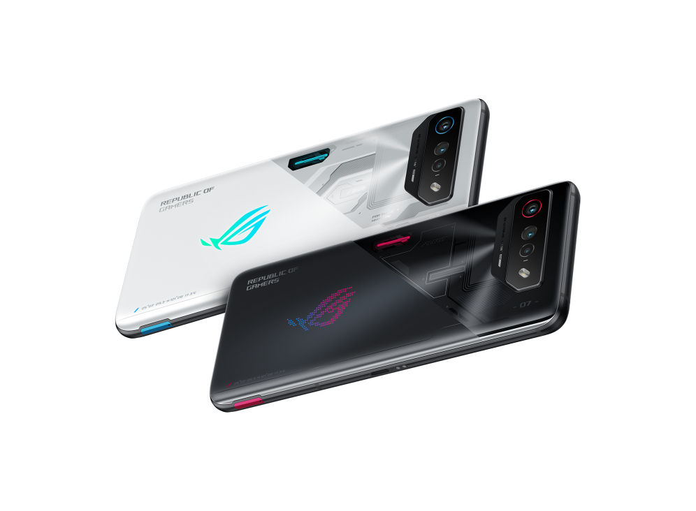 Two ROG Phone 7 in both Phantom Black and Storm White angled view from back in landscape orientation