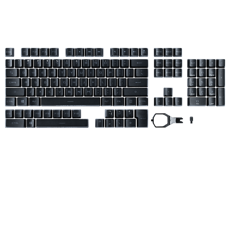 ROG PBT Doubleshot Keycap Set for ROG RX Switches, flat laid with all parts