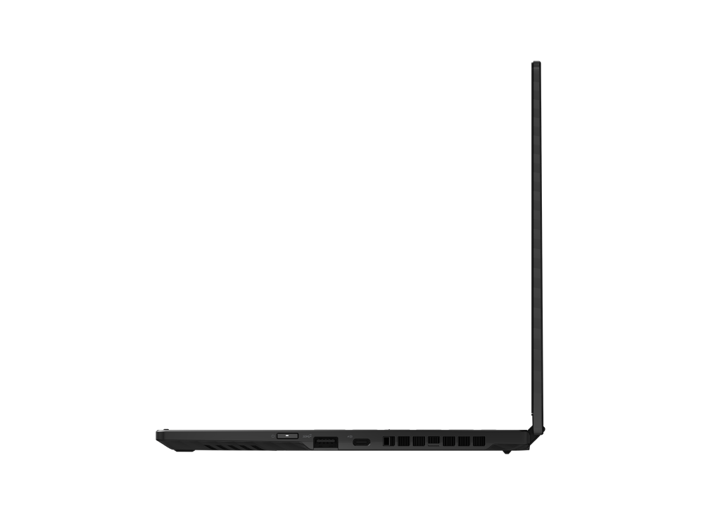 Side view of the X13 with the lid open, with USB C poort, USB type-A port, and power button