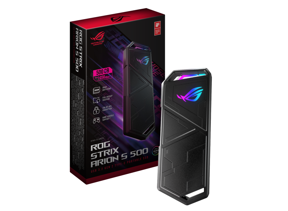 ROG Strix Arion S500 front view, with color box