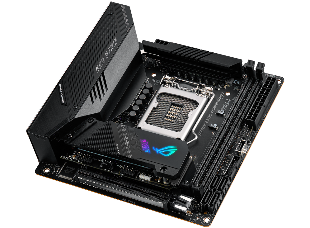 ROG STRIX Z590-I GAMING WIFI top and angled view from right