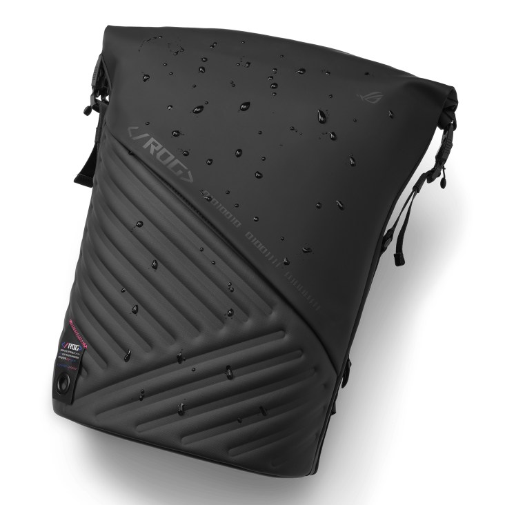 A black waterproof backpack with water droplets