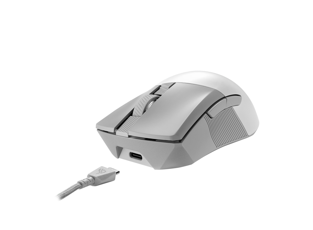 ROG Gladius III Wireless AimPoint White angled view from the front with USB Type-C Cord