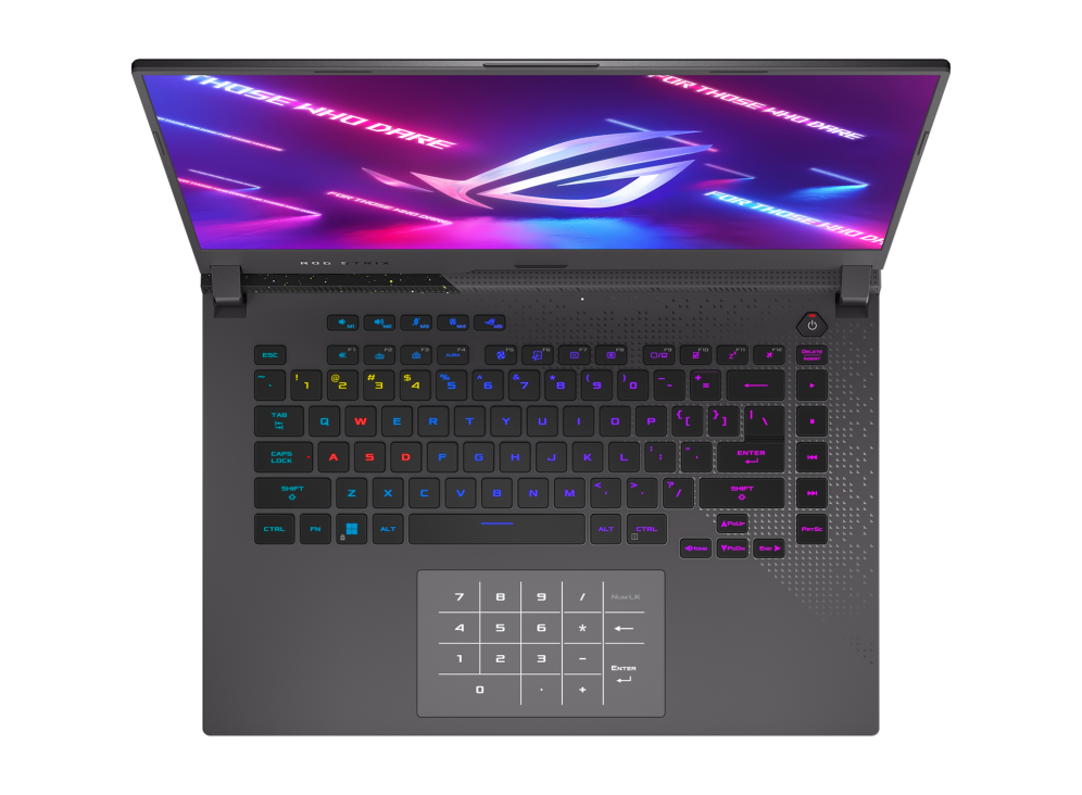 Top down view of the Strix G15, with NumberPad activated and RGB keyboard illuminated.